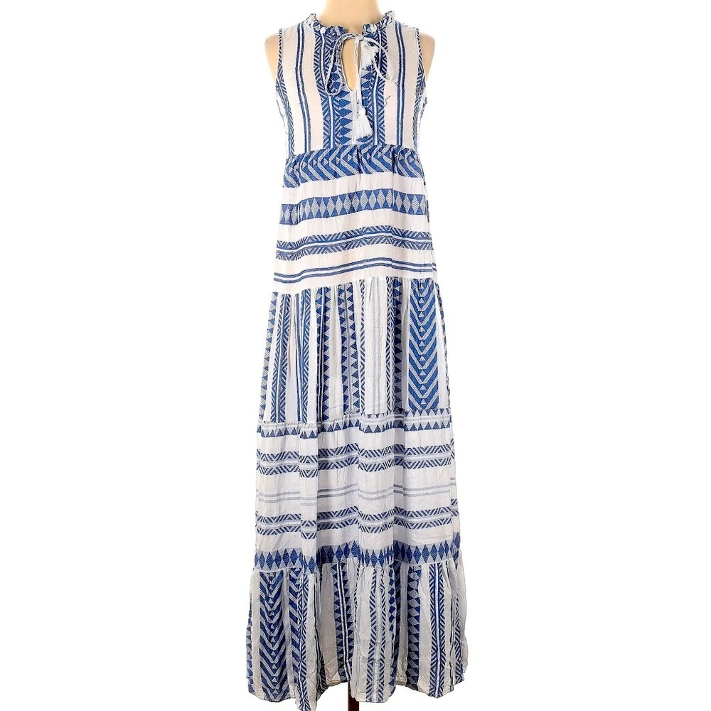 Goa Beachwear By Japna Blue White Print Tiered Maxi Dress Sz M - Picture 2 of 13